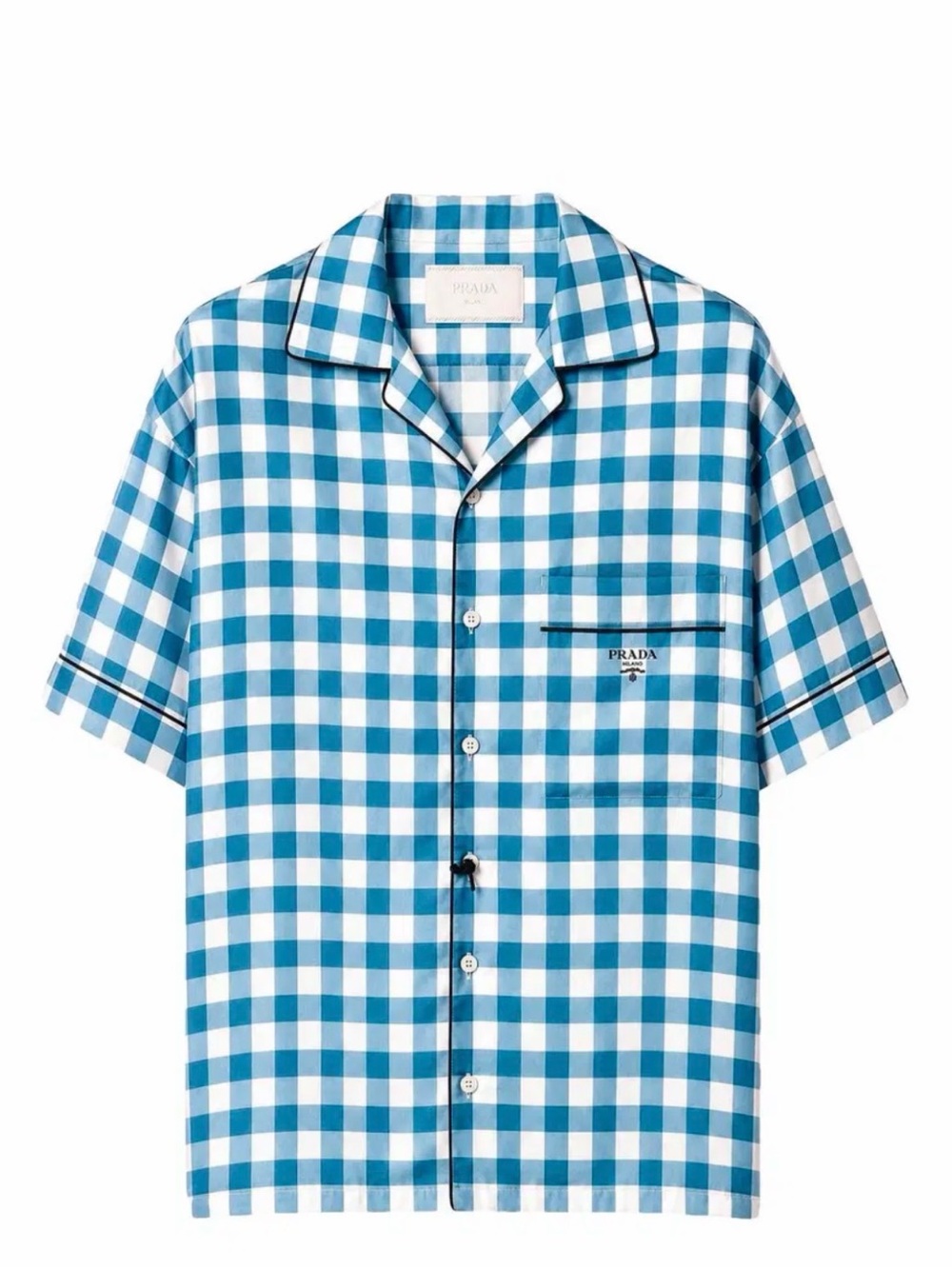 Prada Milano Silk Twill Gingham Bowling Shirt Blue White Piping Short Sleeve